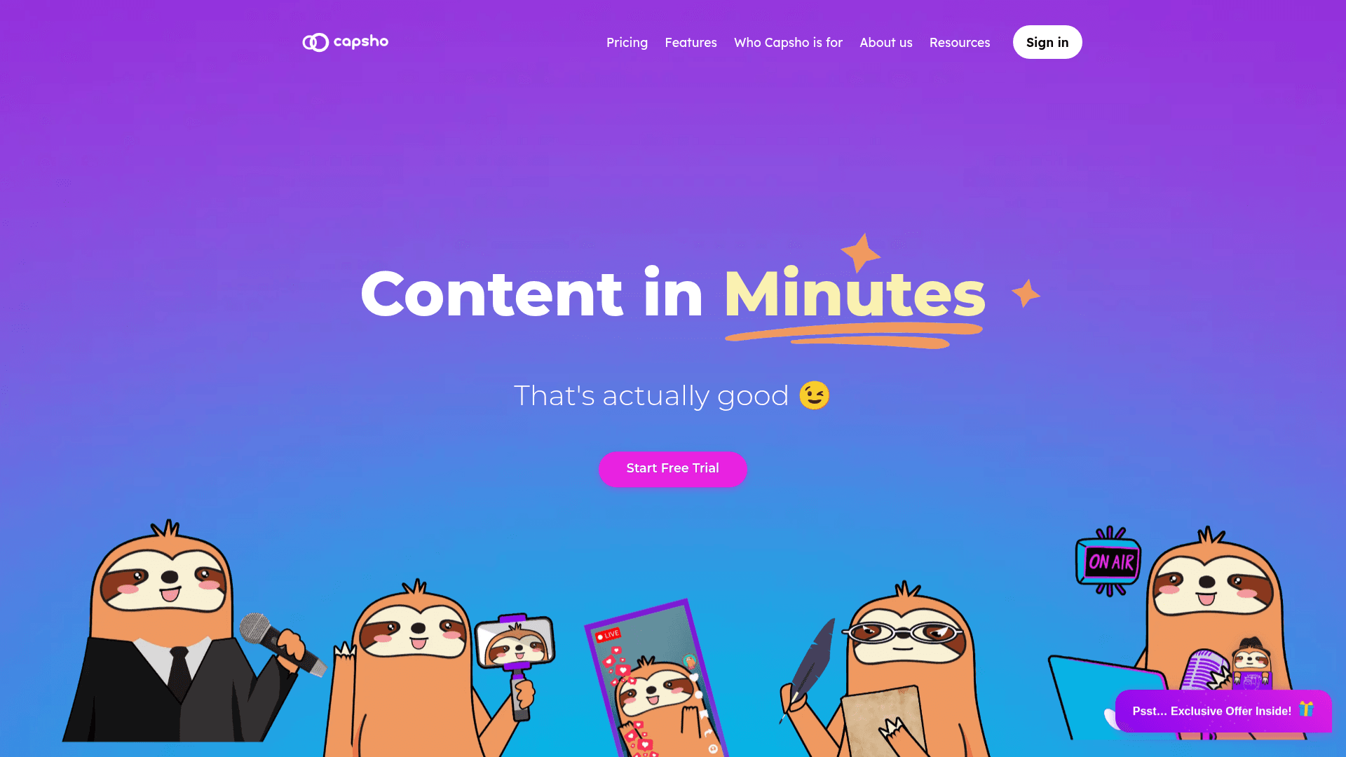 Capsho homepage — AI-powered podcast marketing content tool