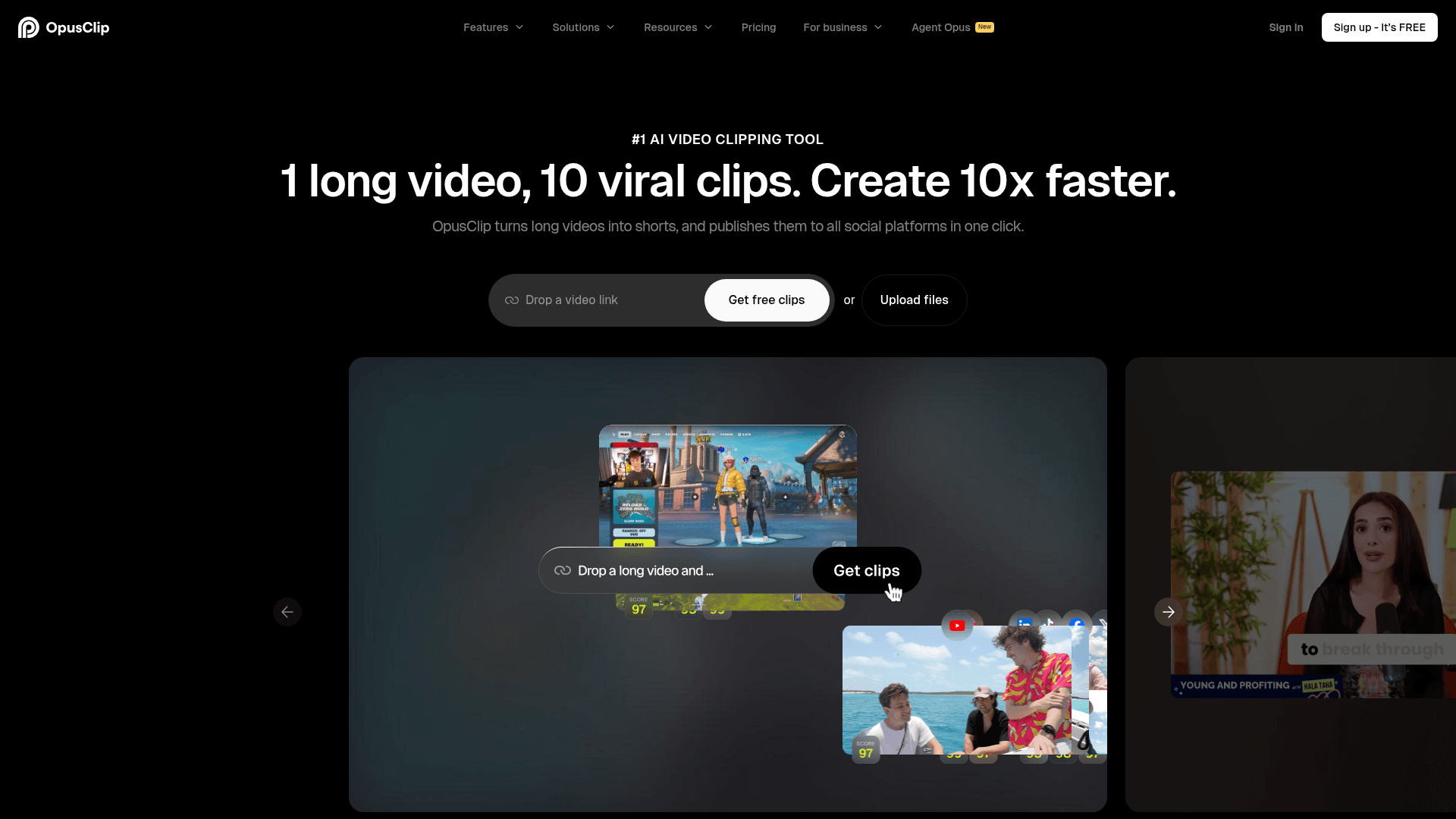 Opus Clip homepage — AI-powered short video clip generator