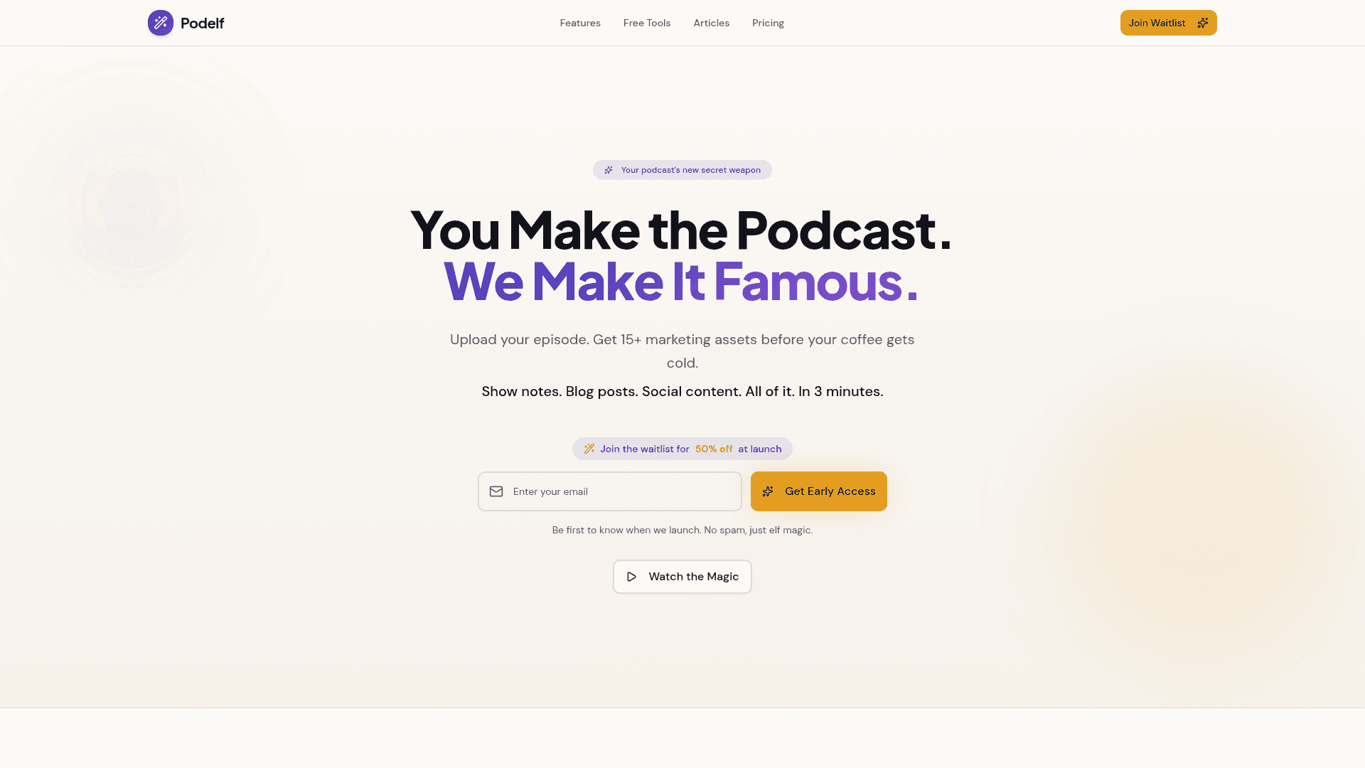 Podelf homepage — AI-powered podcast content repurposing platform