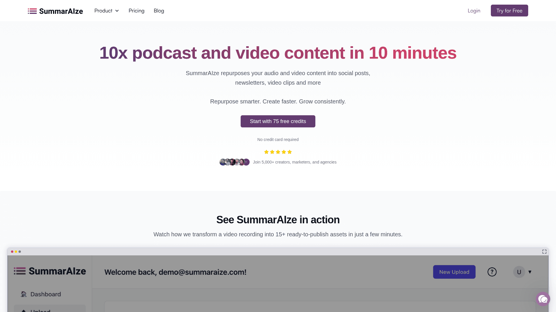 SummarAIze homepage — AI content repurposing for audio and video